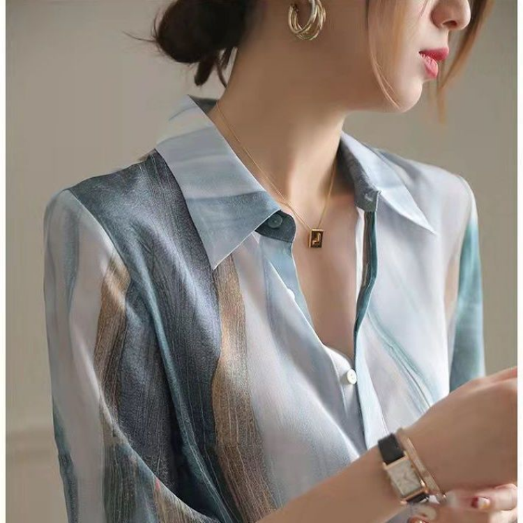 Camicia abbottonata di colore sfumato autunno camicie Vintage di moda coreana per le donne elegante stampa a maniche lunghe abbigliamento femminile sciolto