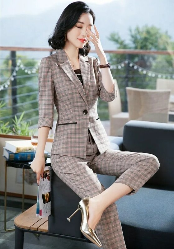 Formal mulher terno de negócios com calças e jaquetas casaco ol estilos senhoras trabalho wear blazers calças ternos elegante xadrez