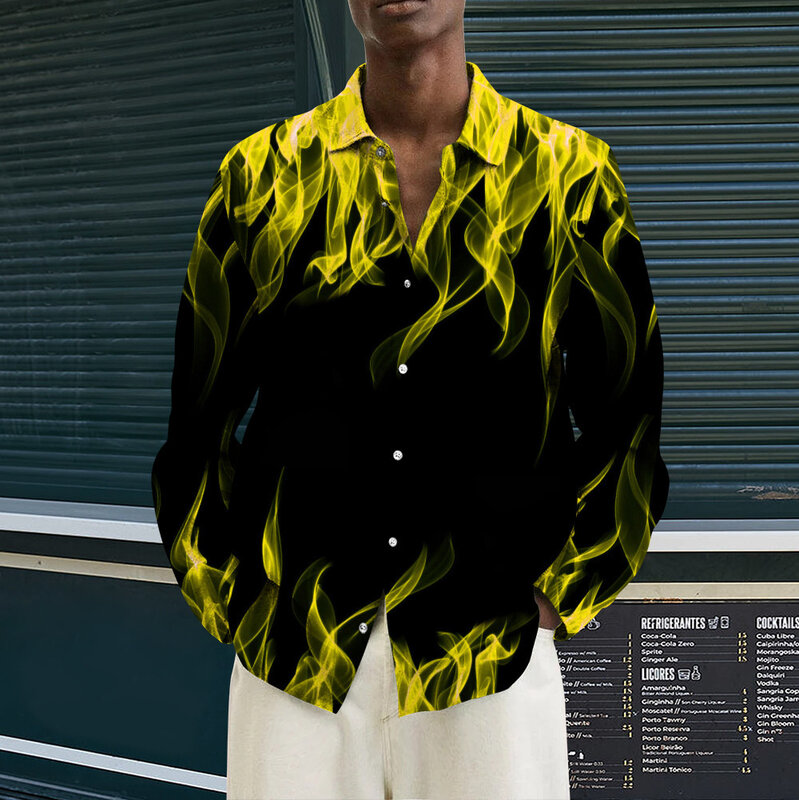 Camisa de manga larga con estampado de llama para hombre, camisa de primavera y otoño, novedad de 2023