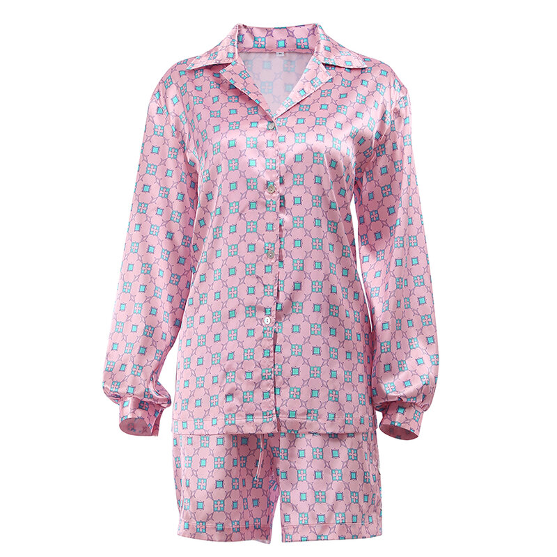Pijamas a cuadros estampados de manga larga para mujer, pantalones cortos cómodos de seda de hielo, 2 piezas, Otoño, 2022