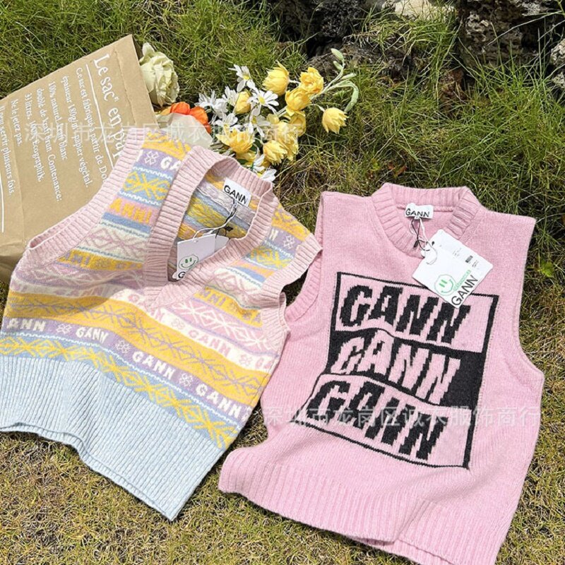 Multicolor Knitted Preppy Wool Blend Jacquard Vest Pink Letter Print Sleeveless Knit Sweater Top Crew Neck Vest Vest Women New