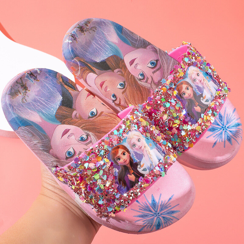 Sandal Disney untuk Anak-anak dan Perempuan Putri Anna Elsa Kristal Es dan Salju Sepatu Dalam Ruangan Rumah Sandal Pendingin Bawah Lembut