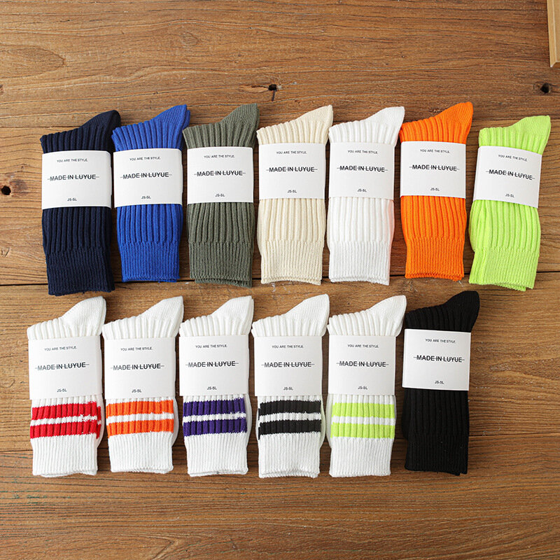 Meias de algodão estilo japonês masculino e feminino, meias de tubo médio, agulha dupla, linha grossa, branca, monocromática, alta qualidade, moda
