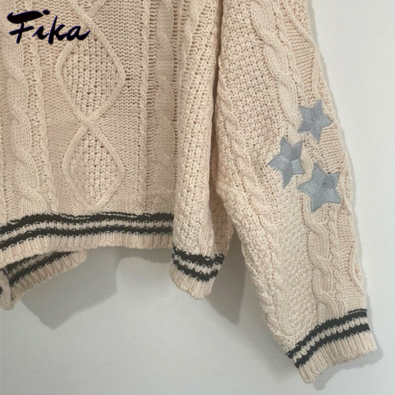 Autumn 2022 Women Beige V-neck Star Embroidery Cardigan Casual Loose Sweater  Fashion Temperament Knitted Jacket Y2k Streetwear