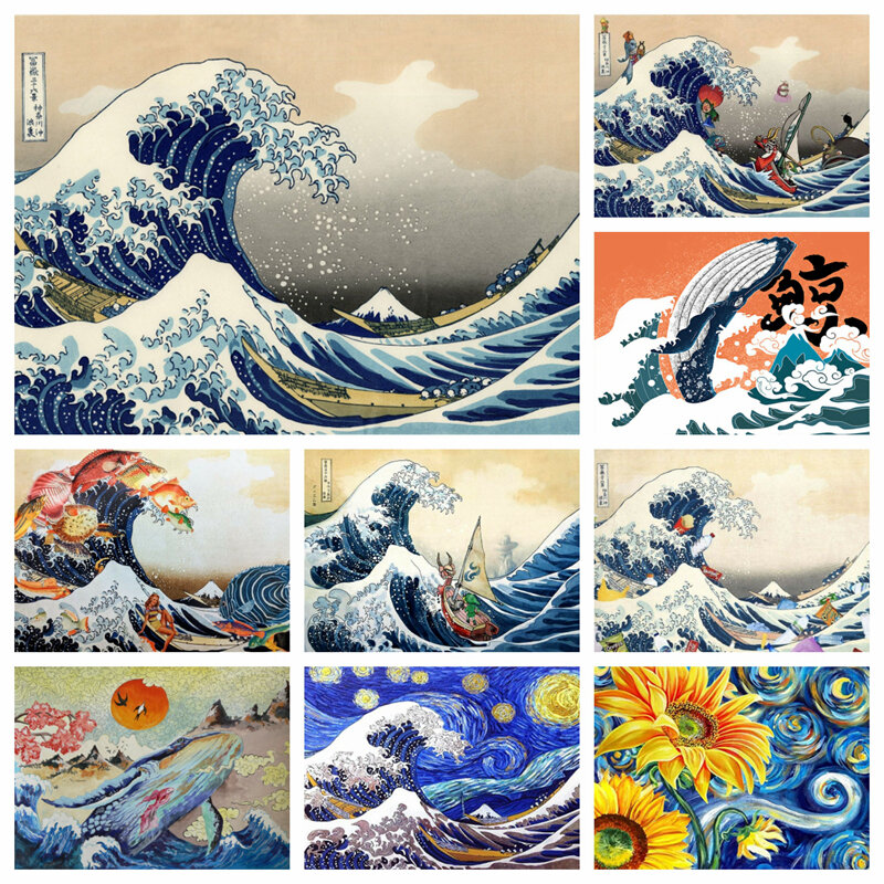 Lukisan Berlian 5d Ukyoe The Great Wave Off Kanagawa Seni Mosaik Kruistik Kit Diy Poster Penuh Bordir Dekorasi Rumah