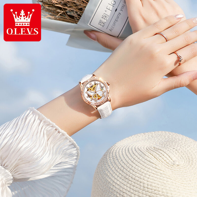 Olevs-女性用セラミック腕時計,ファッショナブルな自動腕時計,耐水性,機械式