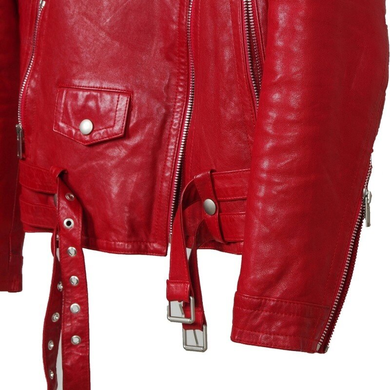 Куртка женская короткая мотоциклетная из натуральной кожи, кожаный жакет в стиле панк, черная красная, весна
