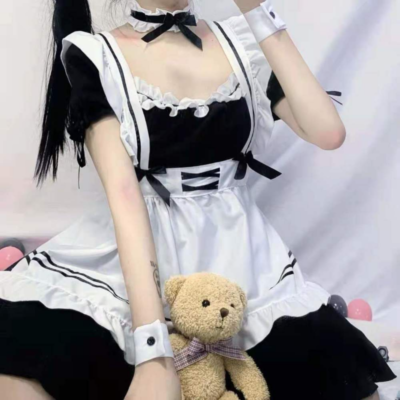 สีดำและสีขาวผู้หญิงชุดแม่บ้าน Lolita Anime น่ารักสีดำสีขาวผ้ากันเปื้อนคอสเพลย์ชุดแม่บ้านชายชุด ...