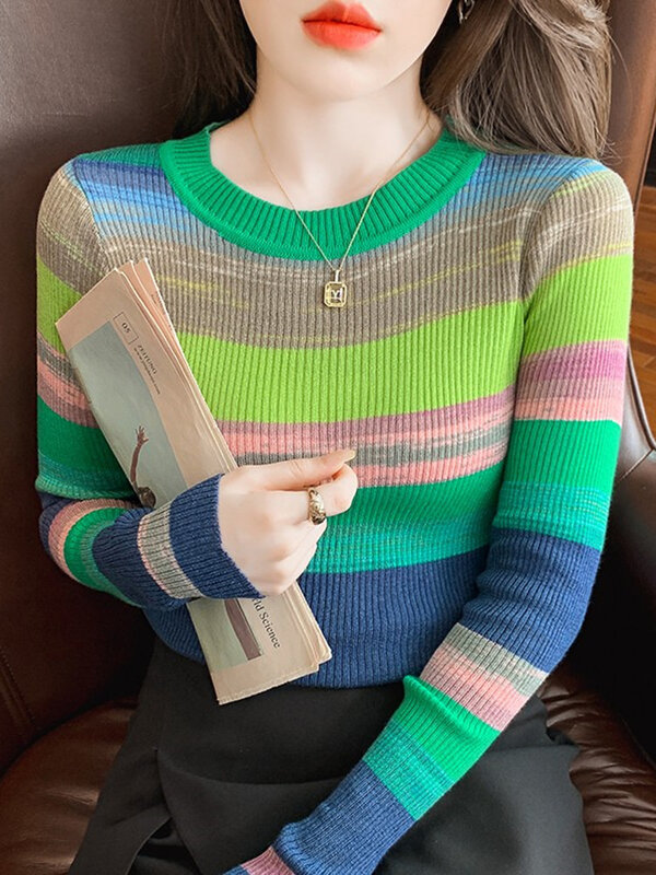 여성 레인보우 스트라이프 뜨개질 스웨터 재킷, 가을과 겨울 패션 긴 소매 o-넥 풀오버 캐주얼 스웨터 탑 2022