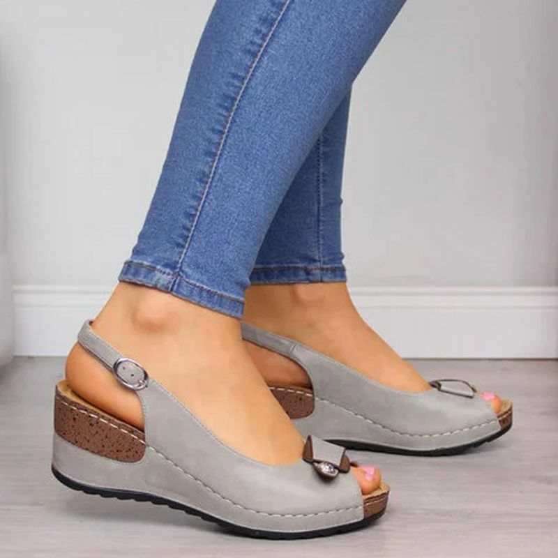 Sandálias de cunha feminina, novos sapatos de verão, peep-toe, confortável, tira com fivela, sandálias sem salto