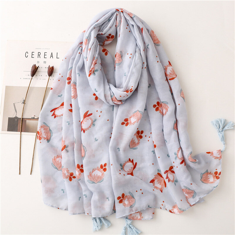 Blooming Flowers New Spring Summer High Quality Long Viscose Beach Shawl Scarf Lady Bandana Scarves with Tassel 2022