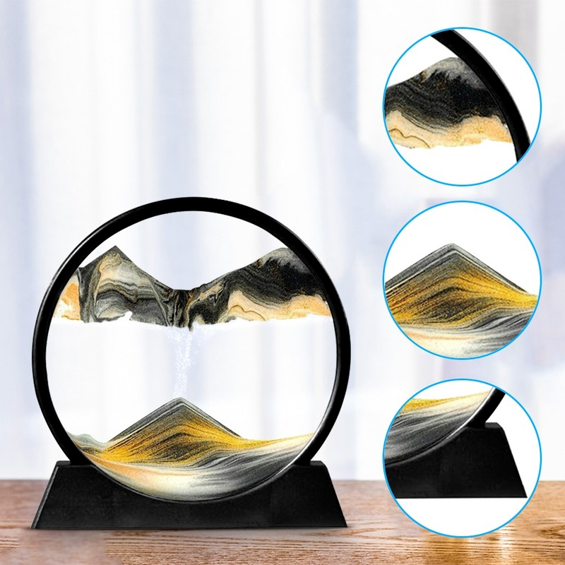 Imagen de Arte de arena móvil, reloj de arena 3D redondo de cristal, paisaje de aguas profundas en movimiento, pantalla de 7/12 pulgadas, marco de arena corriente para decoración del hogar