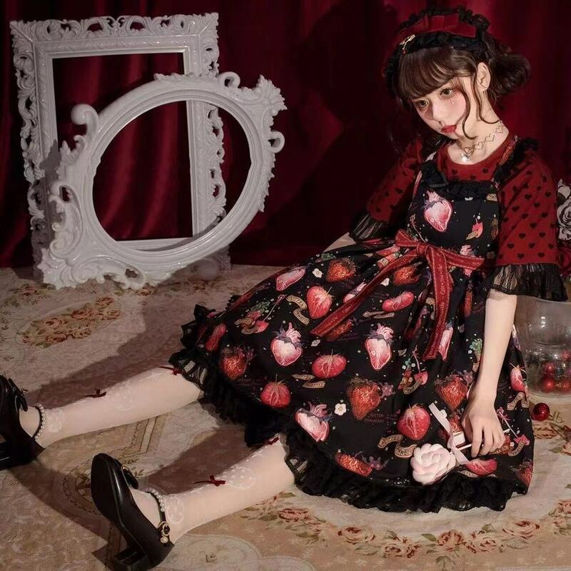 Japonês gótico lolita vestido meninas do vintage morango escuro lolita jsk vestido feminino harajuku legal sem mangas punk suspender vestido