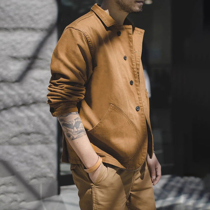 Jaket berburu Vintage Perancis baru pria Fashion 2023 jaket bersaku banyak saku tunggal Amekaji mantel baju kerja katun kasual
