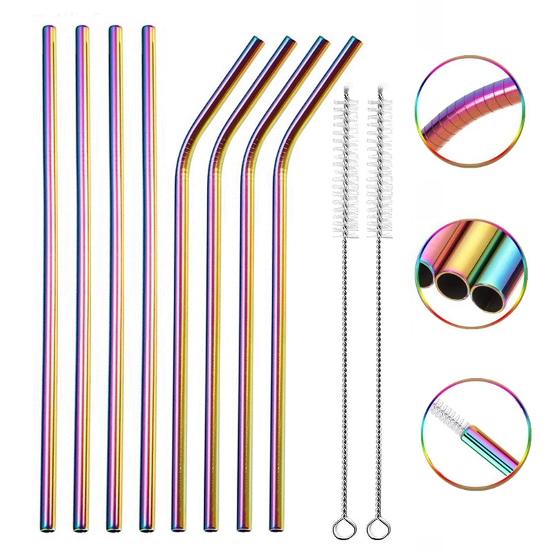 Wholesale Rainbow Color Reusable Metal Straws Set with Cleaner Brush 304 Steel Drinking Straw Milk Drinkware Bar Party Accessory