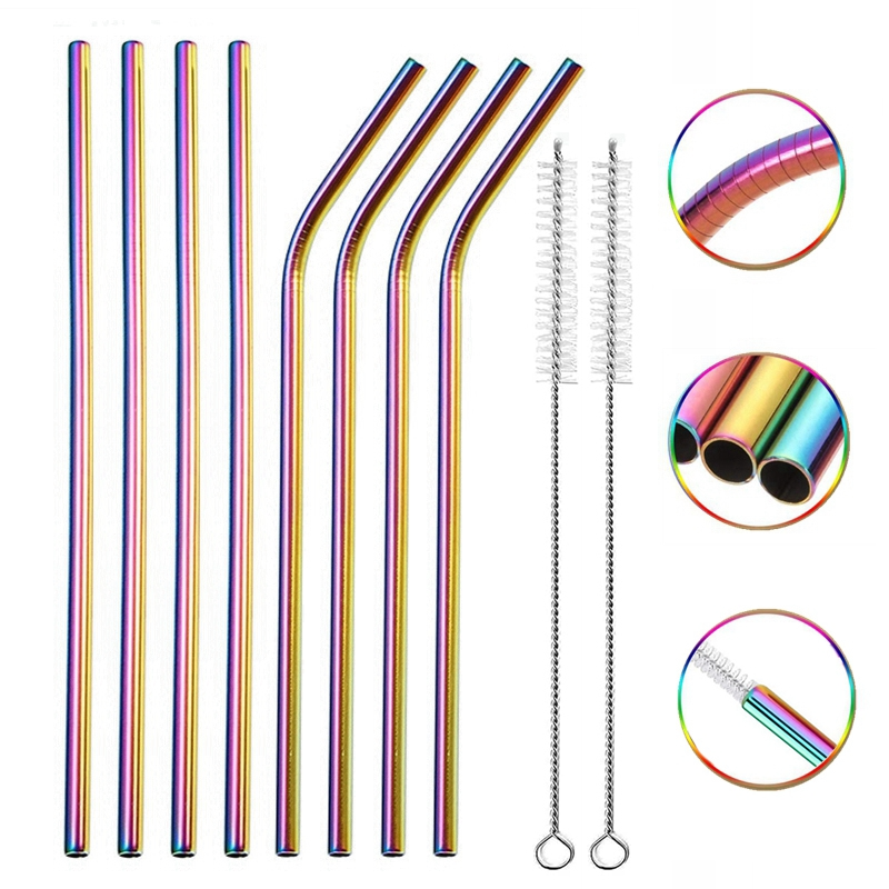 Regenbogen Farbe Wiederverwendbare Metall Strohhalme Set mit Reiniger Pinsel 304 Edelstahl Trinken Stroh Milch Drink Bar Party Zubehör