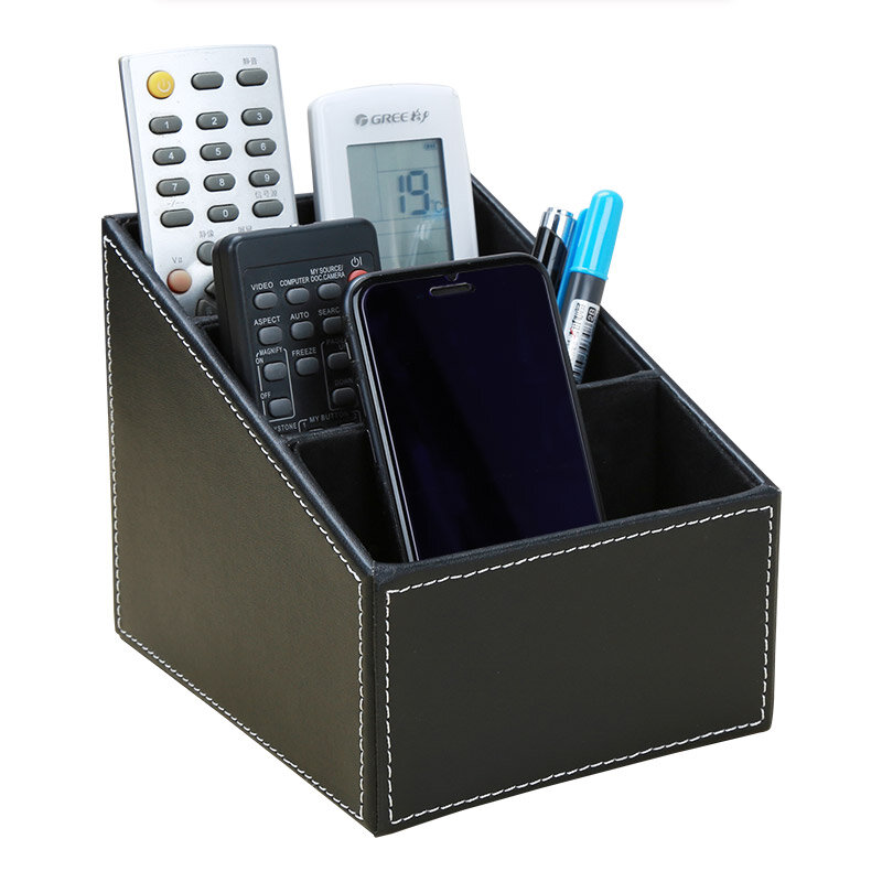 Kingfom 3 Slot Desk Organizer Gold Rim PU Leather Pen Holder Marble Remote Control Sundries Storage Box Container Case