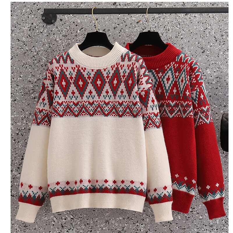 Inverno abbigliamento donna maglione moda coreana sciolto retrò rosso colori a contrasto girocollo Pullover maniche lunghe maglieria top