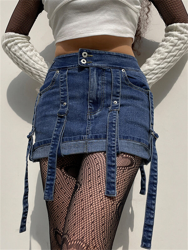 Hirigin y2k vintage grunge lápis saias harajuku bandage jeans saias moda cintura alta bolsos bodycon magro streetwear 2022