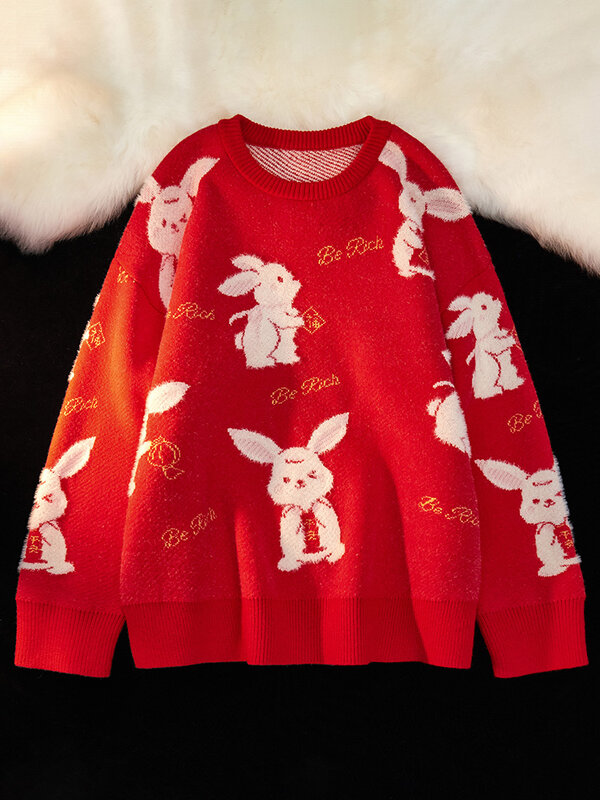 Chandails de luxe pour hommes/femmes, pull à épaules tombantes, Harajuku, tricot surdimensionné, rouge, nouvel an chinois, année du lapin