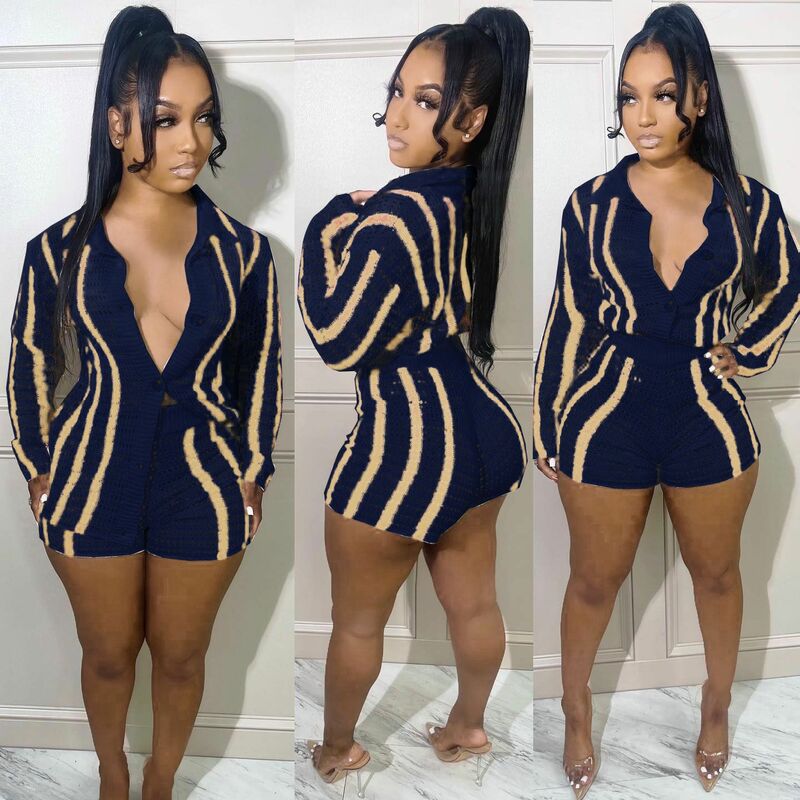 Fitness Knitted Women 2 Piece Set Long Sleeve Stripe Button Up Coat Skinny Mini Shorts Matching Set 2022 AW Streetwear Tracksuit