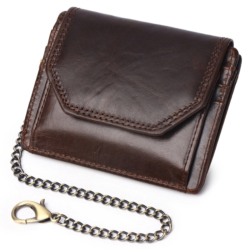 Cartera con cadena para hombre, Mini billetera Vintage de cuero genuino para hombre, con bloqueo RFID, tarjetero de alta calidad