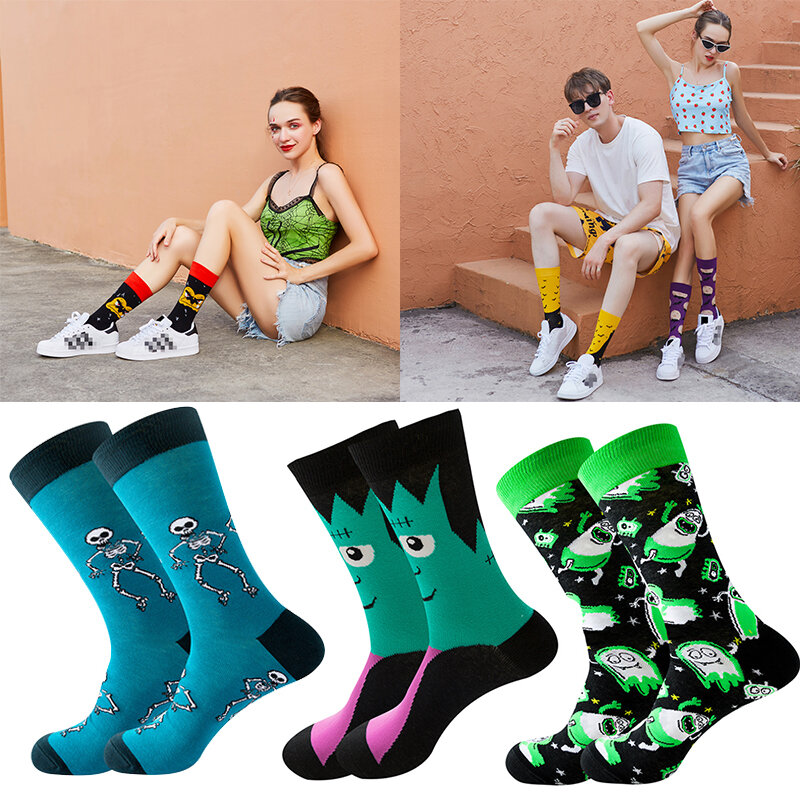 1 par de calcetines de otoño e invierno para hombre y mujer, medias de Halloween, Calavera, alien, calcetines de calabaza, calcetines de tubo de monstruo