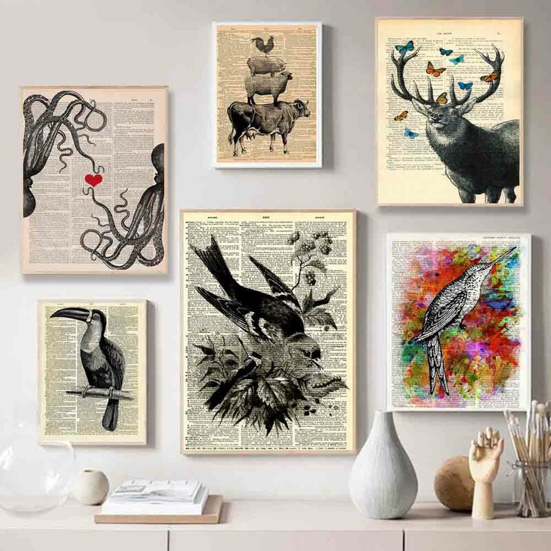 Retro art animal printing canvas painting office wall art marine creature Rooster poster classroom home decoration mural