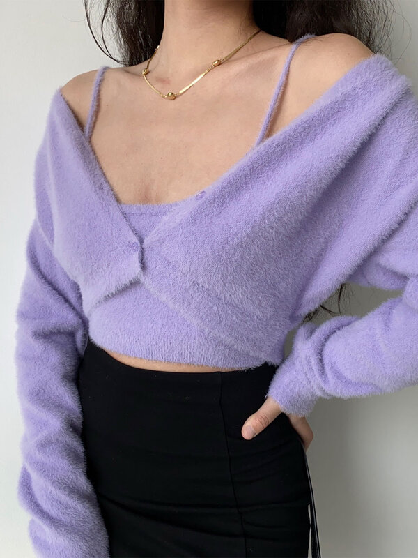 Cardigan lavorato a maglia donna manica lunga top autunno moda Casual maglione Sexy Streetwear capispalla maglione femminile con canotta