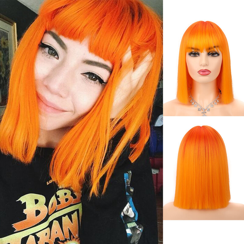 Orange Wig Short Cut Bob With Bangs For Women Synthetic Straight Red Purple Orange Full Machine Wigs Cosplay Drag Queen Daily