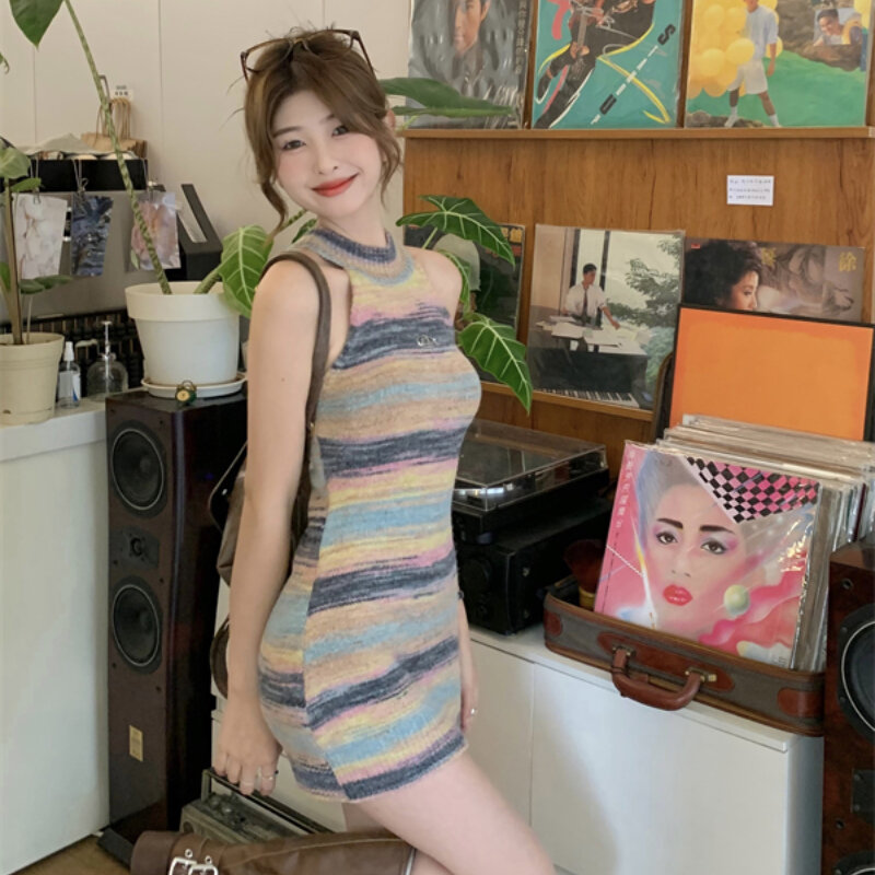 2023 Summer New Sleeveless Slim Slim Thin Package Hip Dress Sweet Spicy Striped Slim Sleeveless Hanging Neck Knit Dress Clothes