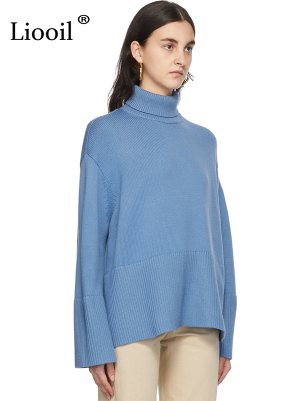 Женский вязаный свитер Liooil с высоким воротником, пуловер с длинным рукавом, свободный джемпер, топы, уличная одежда, осенне-зимние синие меш...