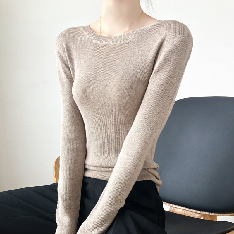 Wiosenna i jesienna ultra-cienka mikro-przezroczysta sweter z wełny z okrągłym dekoltem damska obcisły sweter jednokolorowa obcisła wykańczająca