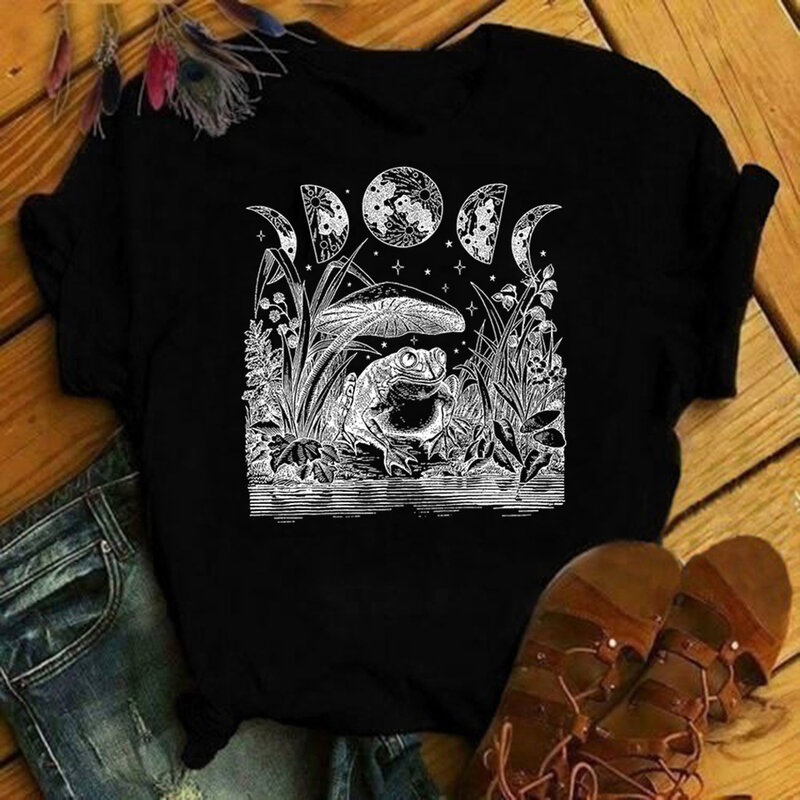 Harajuku T-shirt Women Ministry of Frogs Funny Moon Tees Hip Hop Streetwear Summer Vintage Shirt Grunge Punk Aesthetic Clothes