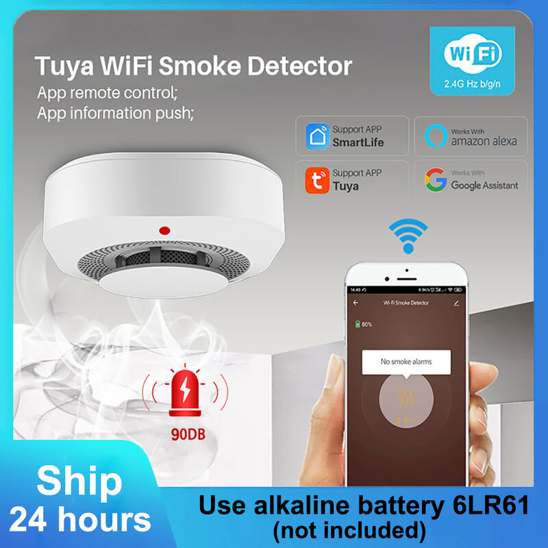 Tuya Wifi Rookmelder Sensor 90DB Alarm Fire Smart Rookmelder Wifi Fire Home Security Alarm Smart Leven App Kennisgeving