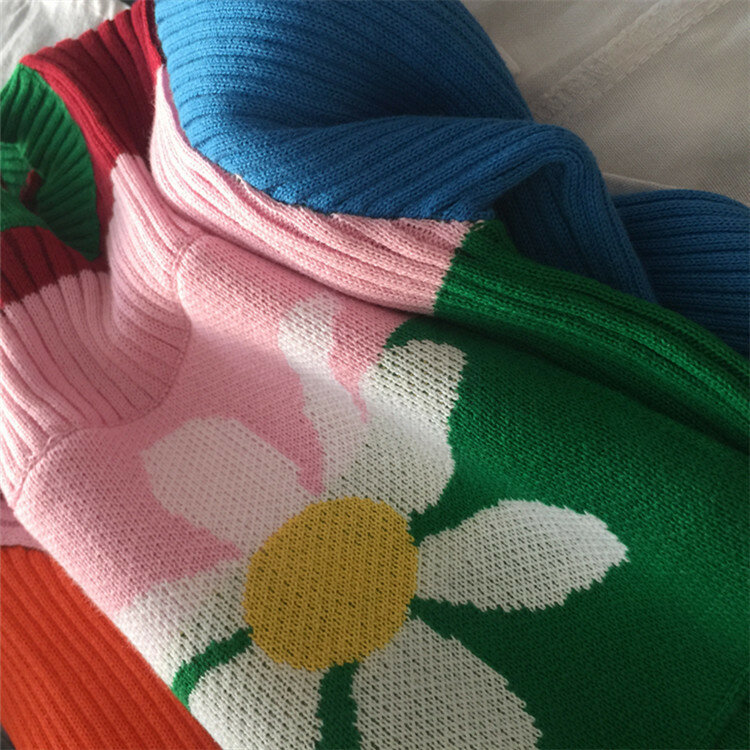 女性の原宿ニットセーターセーター,花柄のレインボーパターンのセーター,ストライプのセーター,コットン,ロングセーター,秋冬