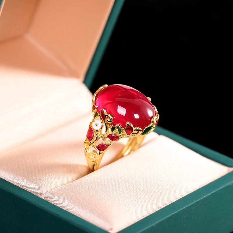 2022 Cincin Korundum Asli Enamel S925 Cincin Hadiah Nenek Pertunangan Merah Antik India Etnis Cloisonne Perak Perhiasan Bagus