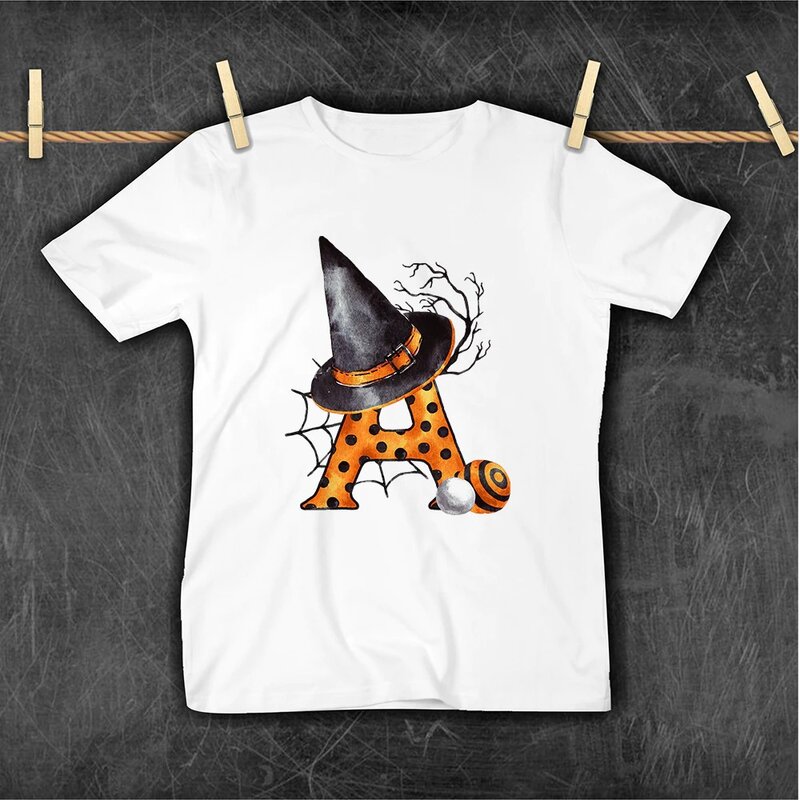 Halloween halloween europeu e americano feriado bruxa manga curta camiseta padrão alfabético topo