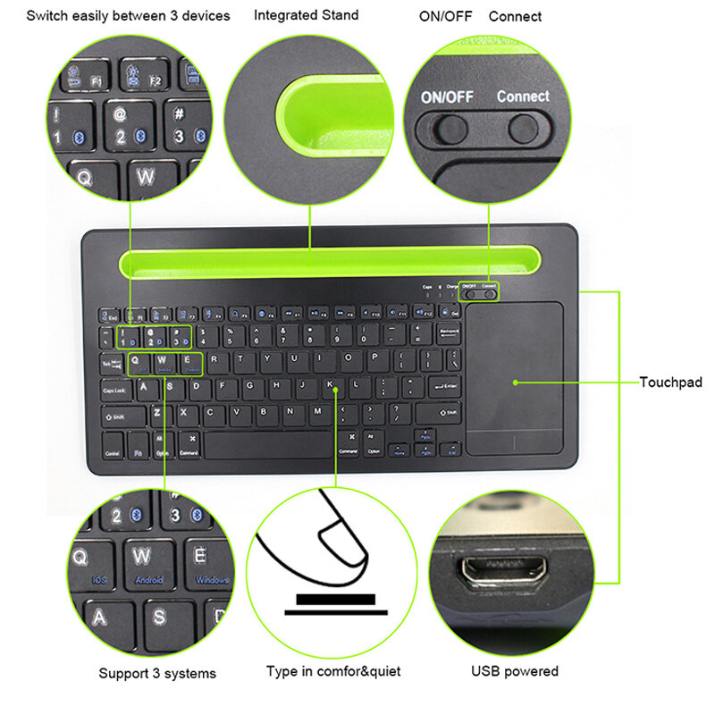 Clavier sans fil Bluetooth multifonction avec pavé tactile, 78 touches, pour IOS, Windows, Android OS