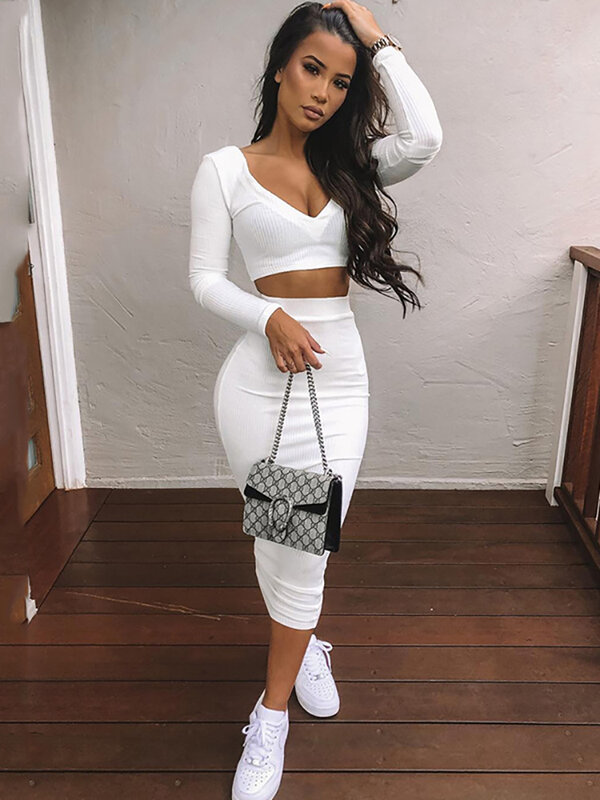 NewAsia Sexy Two Piece Set V-neck Long Sleeve Crop Top Long Skirt Set Party Clothing Sets Outfit Women Two Piece Outfits 2020