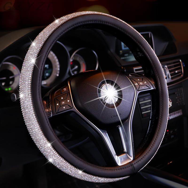 PU Leather Crystal osłona na kierownicę do samochodu Bing biżuteria z błyszczącym kryształem górskim pokrowce na kierownicę dla kobiet dziewczynki akcesoria samochodowe