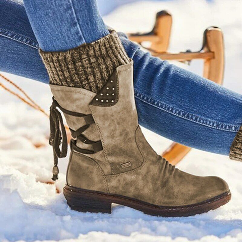 Botas De media caña para Mujer, Zapatos De piel sintética, Botas De nieve cálidas a la moda, Invierno