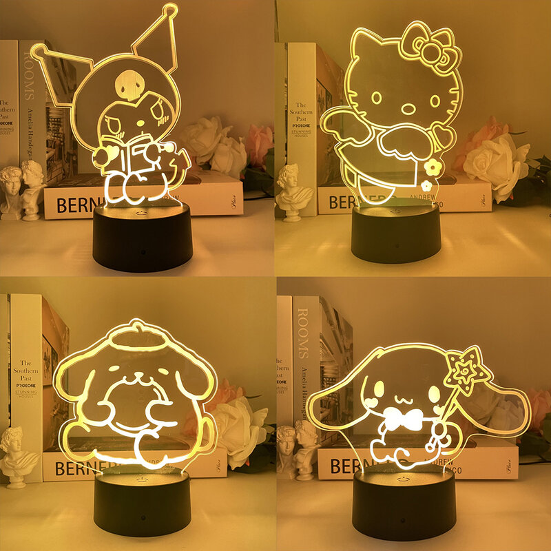 7 cores sanrio hello kitty luz da noite lâmpada de mesa cinnamoroll kuromi kawaii melody desktop decoração led anime quarto lâmpada cabeceira