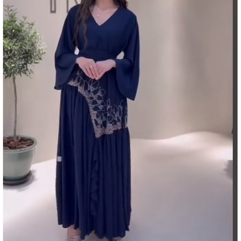 ROSELLA Classic V-neck Long Sleeves Ankle Length Embroidery Zipper Up Dark Blue Women Formal Evening Dress Prom Gown New 2023