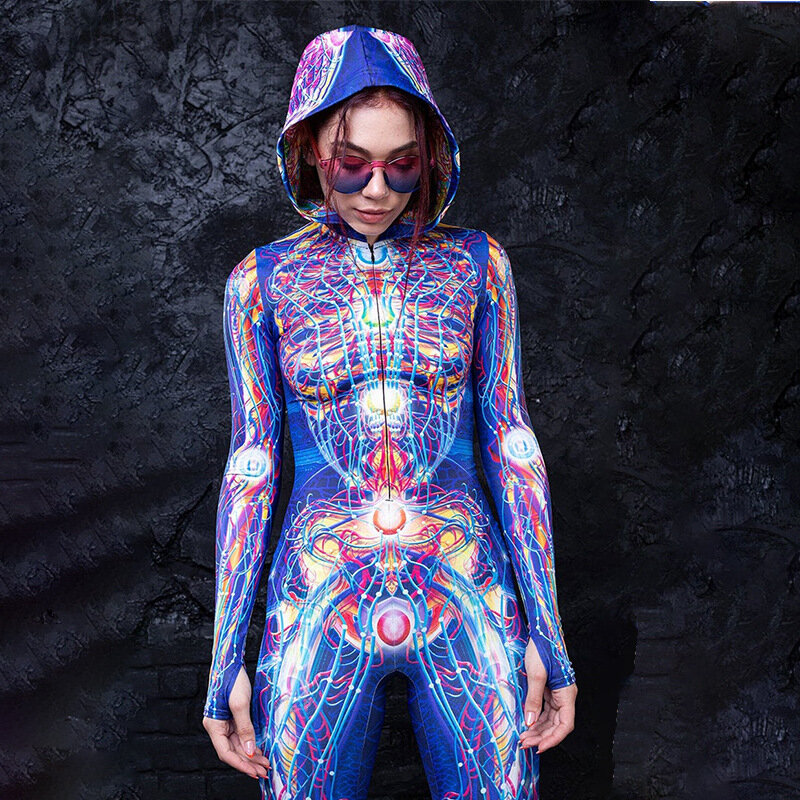 Halloween Cosplay Scary Costume Women Outfits Bodysuit Ghost Performance Carnival Party Hooded Catsuit Digital Printing Jumpsuit