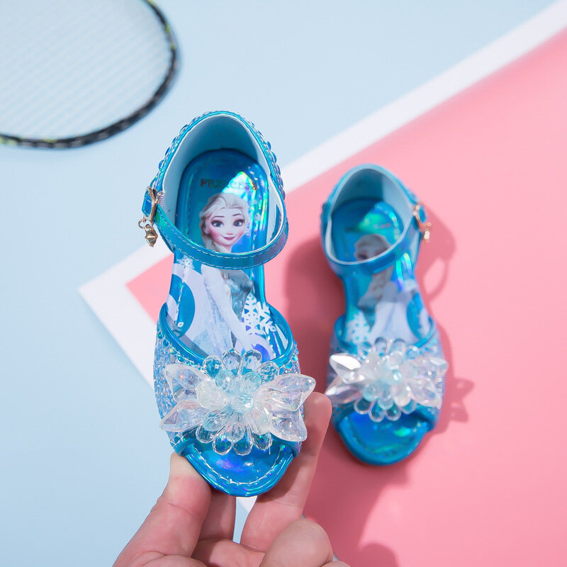 Disney-sandalias de Frozen para niñas, zapatos de tacón plano con boca de pescado, de cristal de princesa Elsa, novedad de verano de 2022