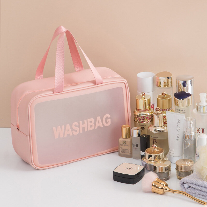 Maquiagem Travel Organizer Bag, Pvc PU Clear Pouch, Transparente Rosa e Branco Cosmetic Cases, Bulk Wholesale