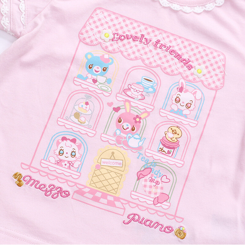 Camiseta manga curta com gola de renda bordada para crianças, desenho animado Candy House Bunny estampa, pianista camiseta para meninas