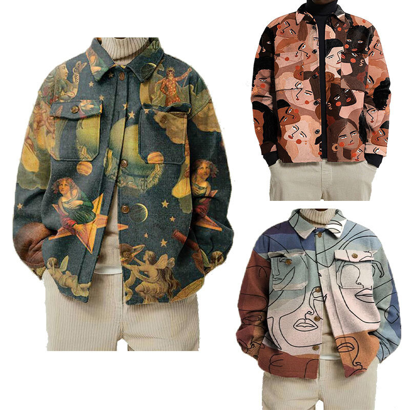 Camisa masculina do vintage jaquetas para homem graffiti lapelas impressas streetwear harajuku retalhos jaqueta