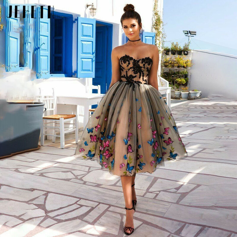 JEHETH винтажное платье для выпускного вечера без бретелек с бабочкой женское вечернее платье без рукавов Тюлевое платье длиной ниже колена